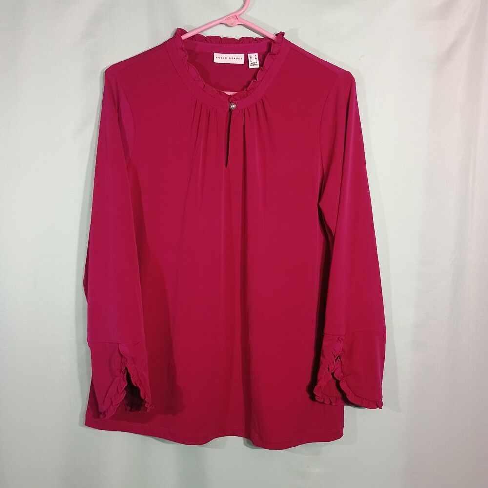 Women’s Hot Pink Ruffle Neck Blouse – Long Sleeve Keyhole Dressy Top